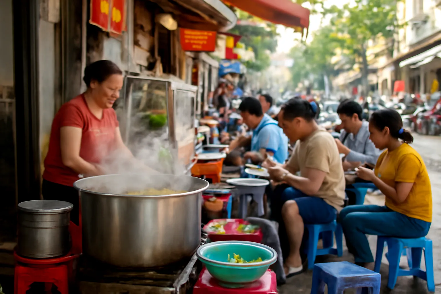 Quán ăn ven đường đông khách, nồi nước dùng bốc hơi nghi ngút