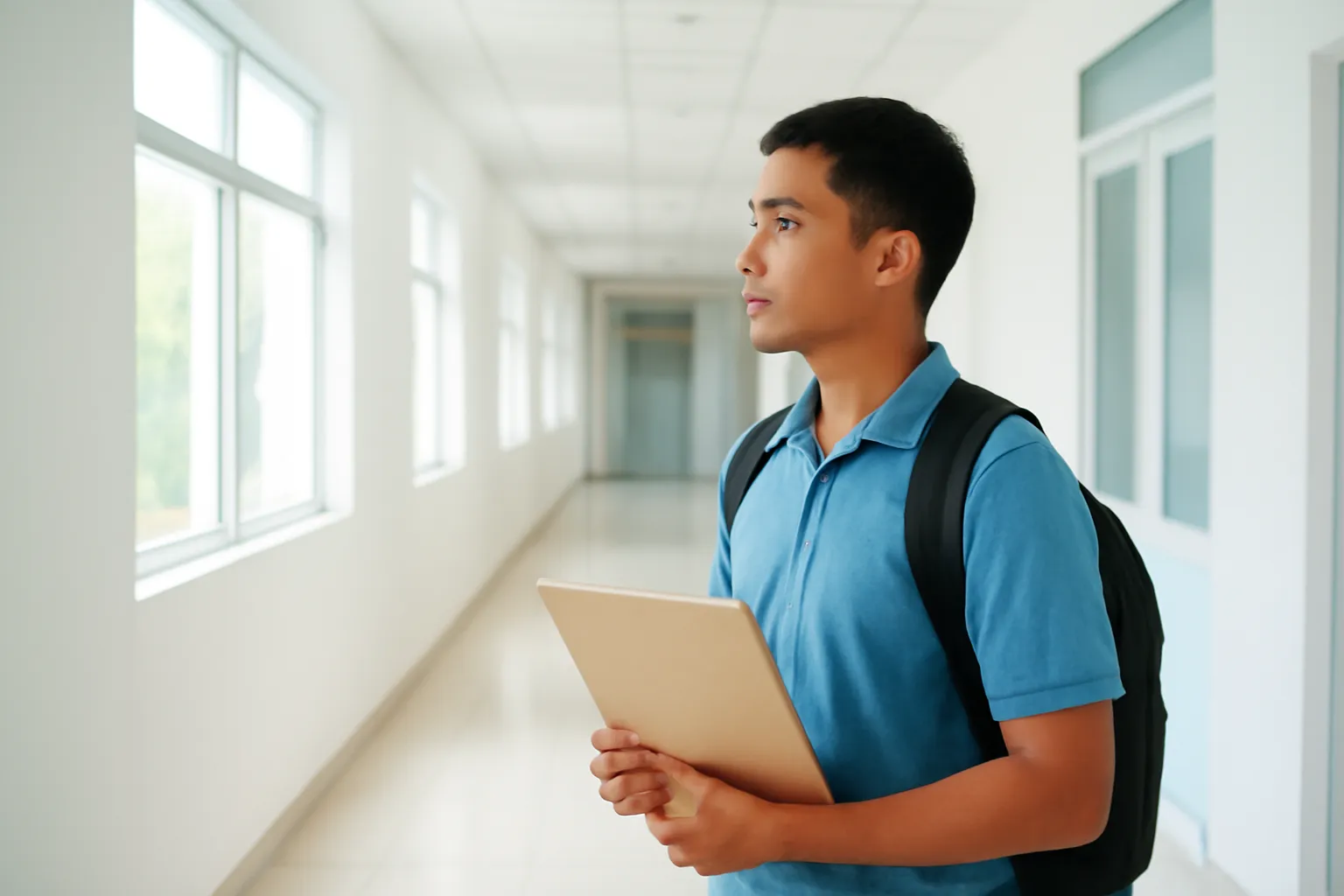 Người khách ngồi chờ ở hành lang phòng khám sáng sủa, cầm sổ khám