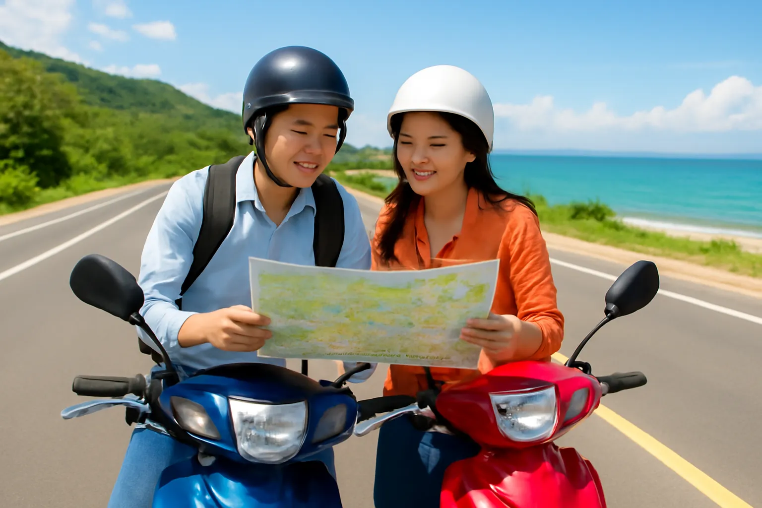 Hai người dừng xe máy bên đường ven biển miền Trung nhìn bản đồ giấy