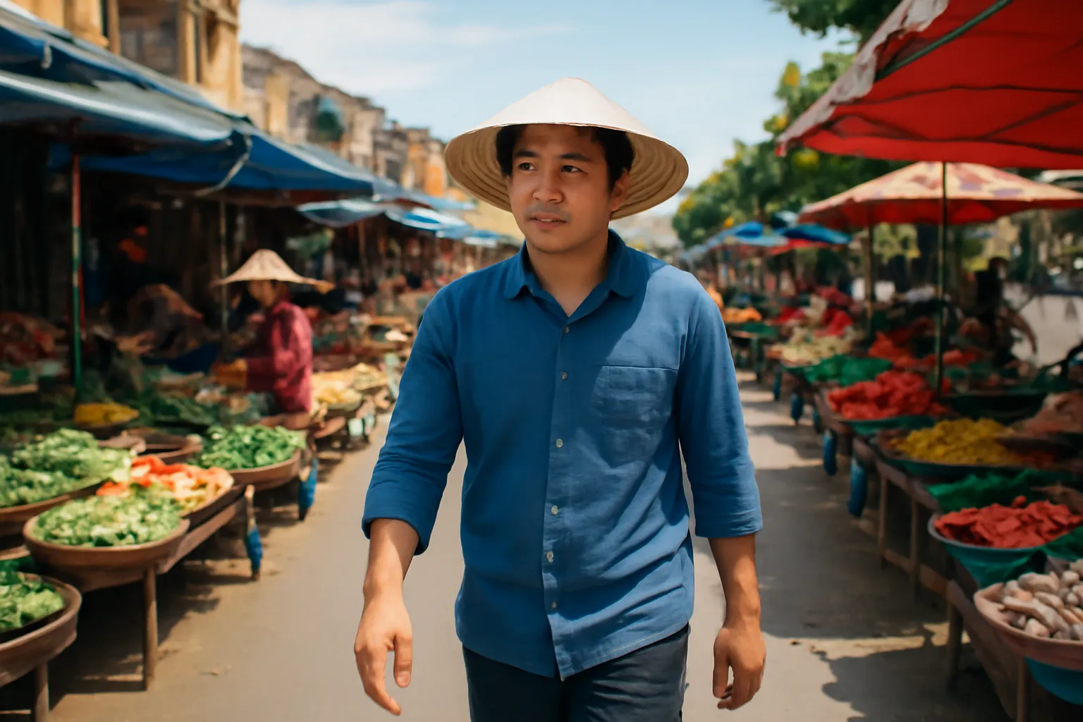 Người đàn ông đi bộ qua khu chợ sáng ở thị trấn nhỏ ven sông