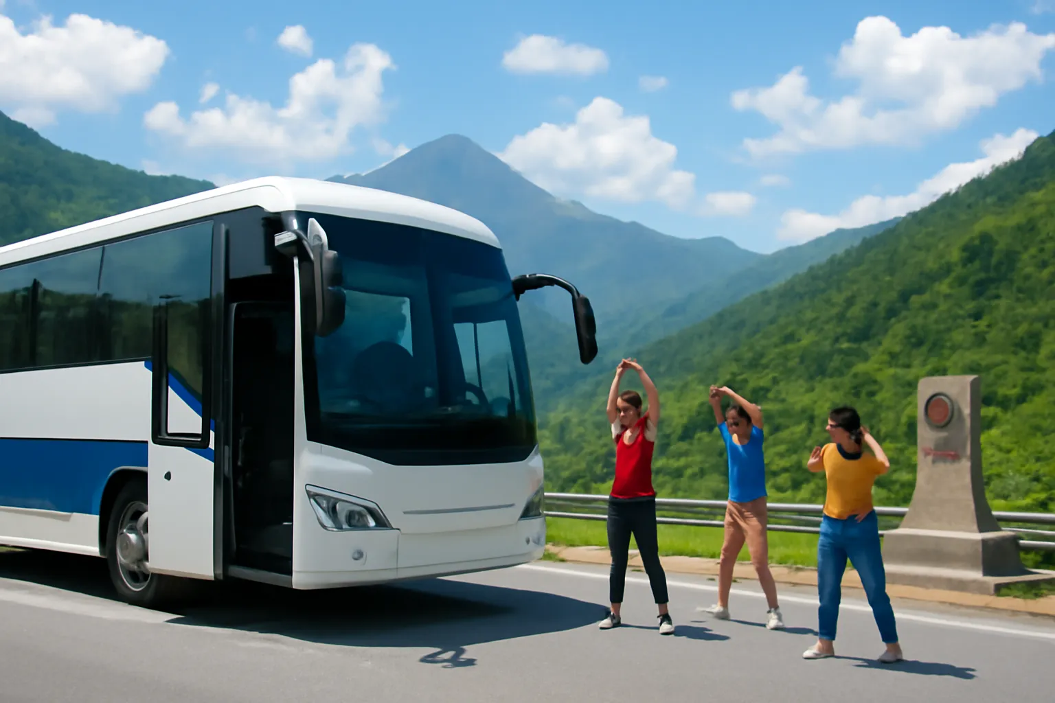 Xe khách quốc tế dừng trên con đường núi gần biên giới, hành khách xuống vươn vai