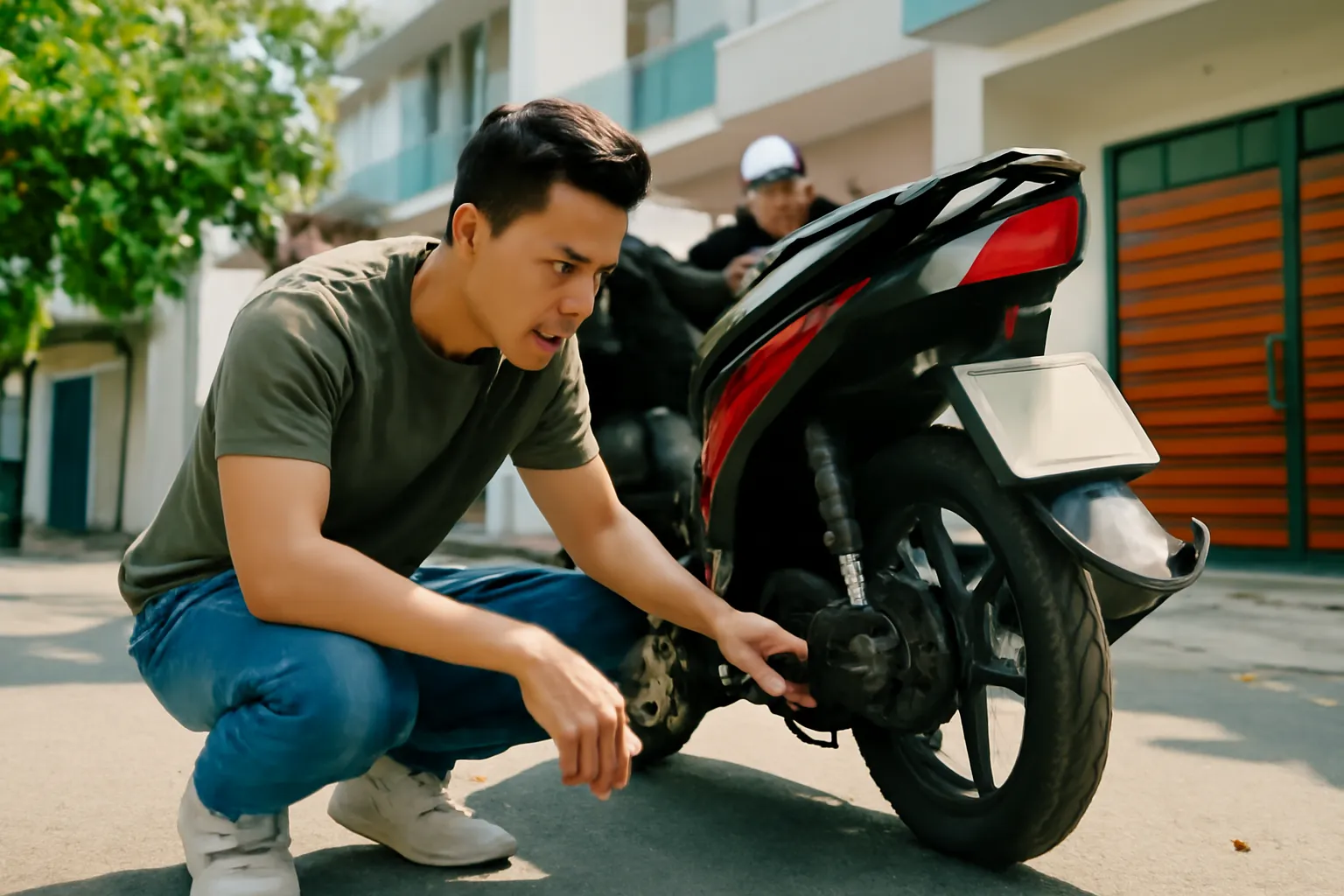 Chàng trai ngồi xổm kiểm tra lốp xe máy trước hiên nhà buổi sáng