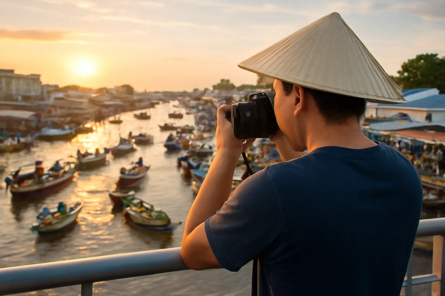 Người đàn ông cầm máy ảnh chụp chợ nổi lúc bình minh từ trên cầu