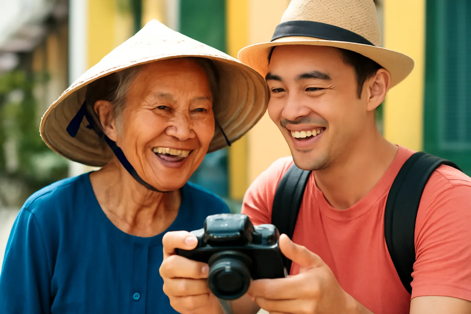 Người khách cho bà cụ xem ảnh vừa chụp trên máy, cả hai cùng cười