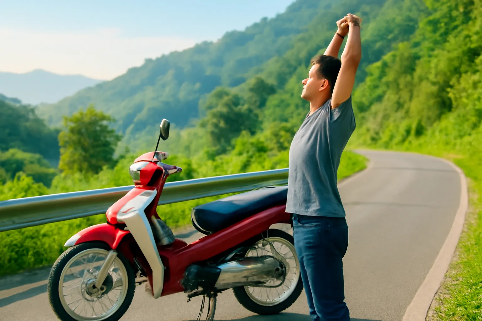 Người đàn ông vươn vai giãn lưng bên xe máy dừng ven đồi