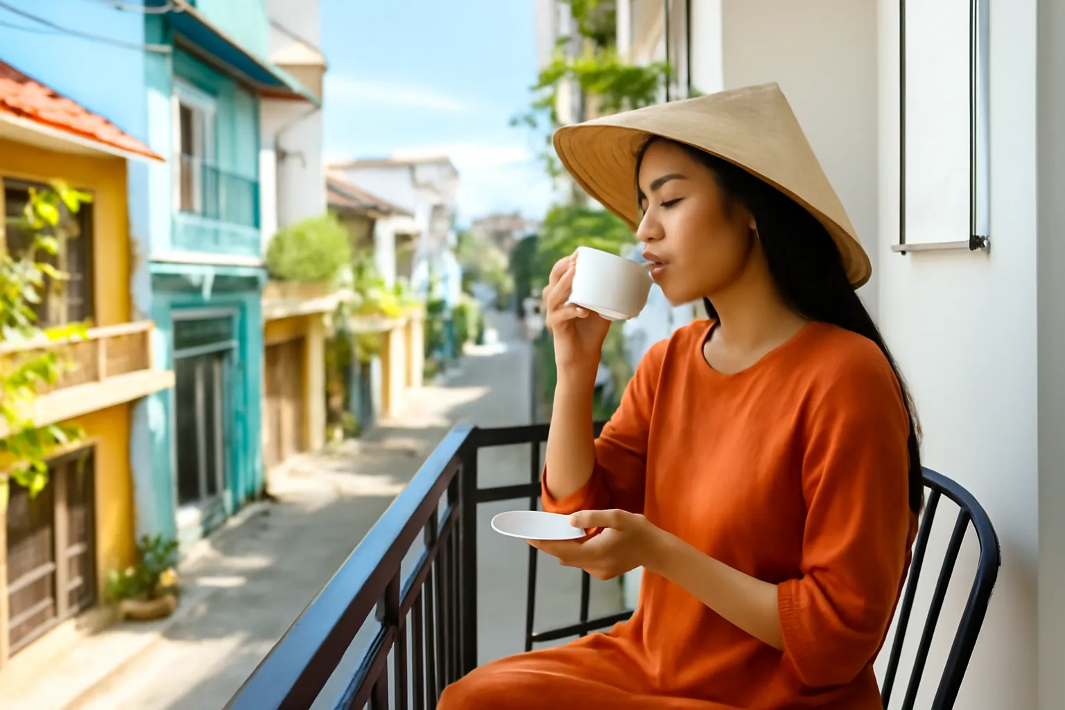 Người phụ nữ ngồi ban công nhà trọ nhìn xuống con hẻm buổi sáng