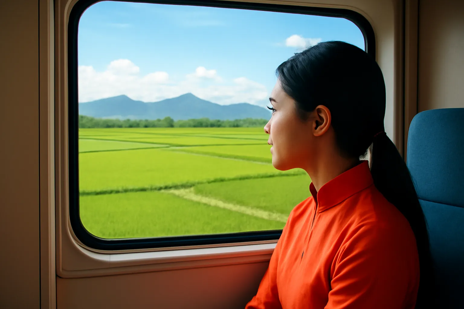 Hành khách nhìn qua cửa sổ tàu hoả, ngoài là đồng lúa và núi xa