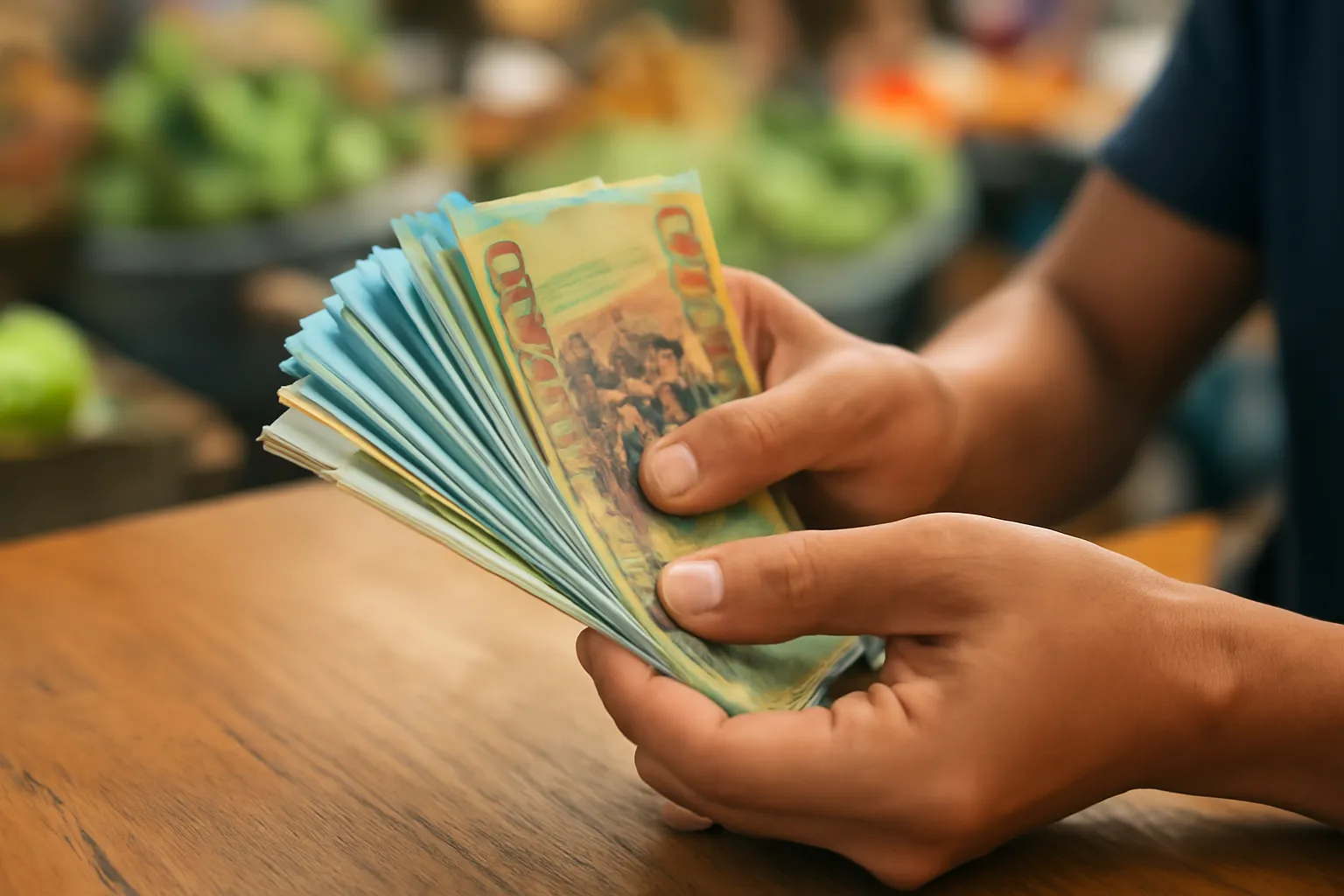 Bàn tay đếm những tờ tiền nhiều màu trên quầy gỗ ở chợ