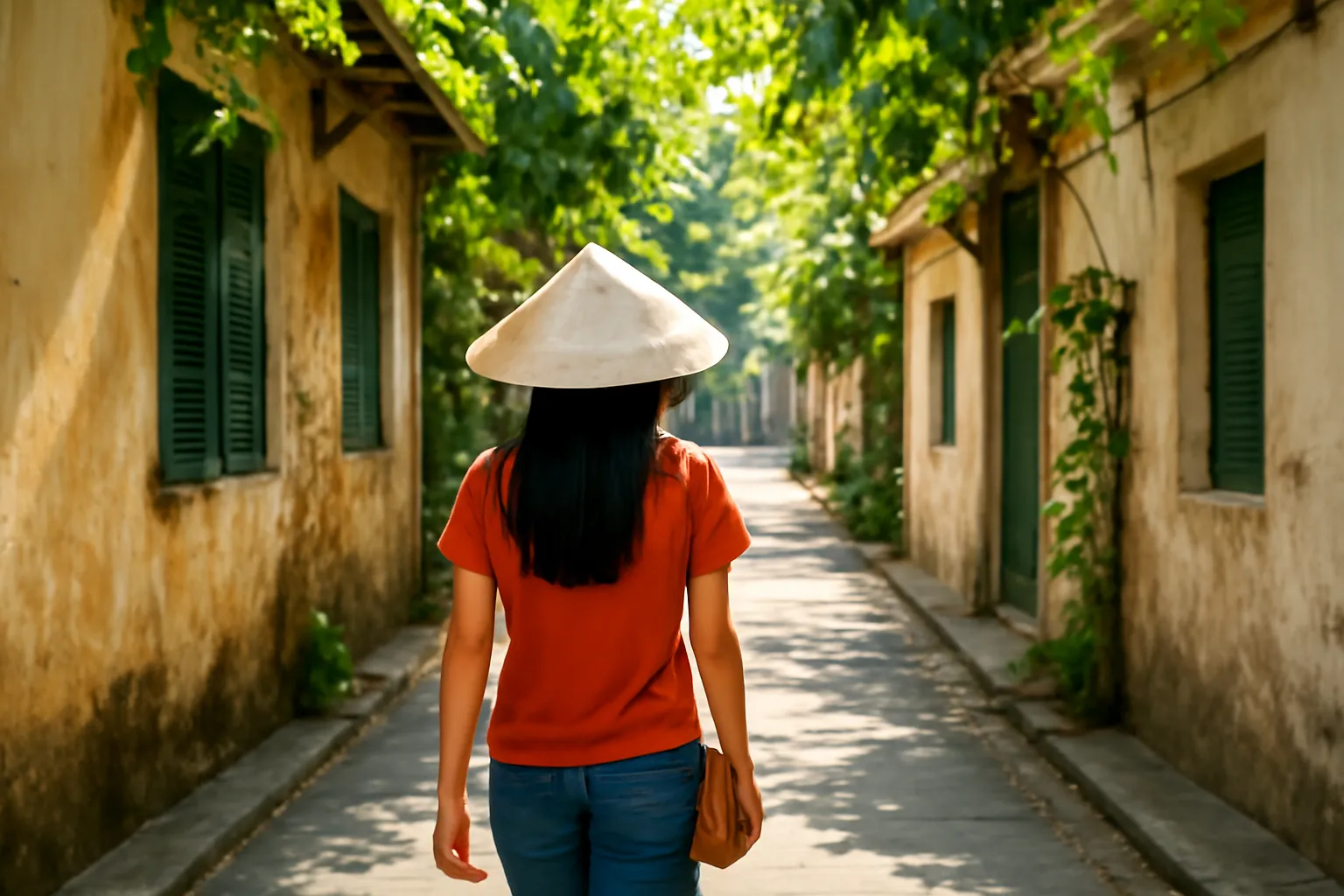 Cô gái đi bộ trong con hẻm nhỏ đầy cây xanh và nhà cũ ở thành phố