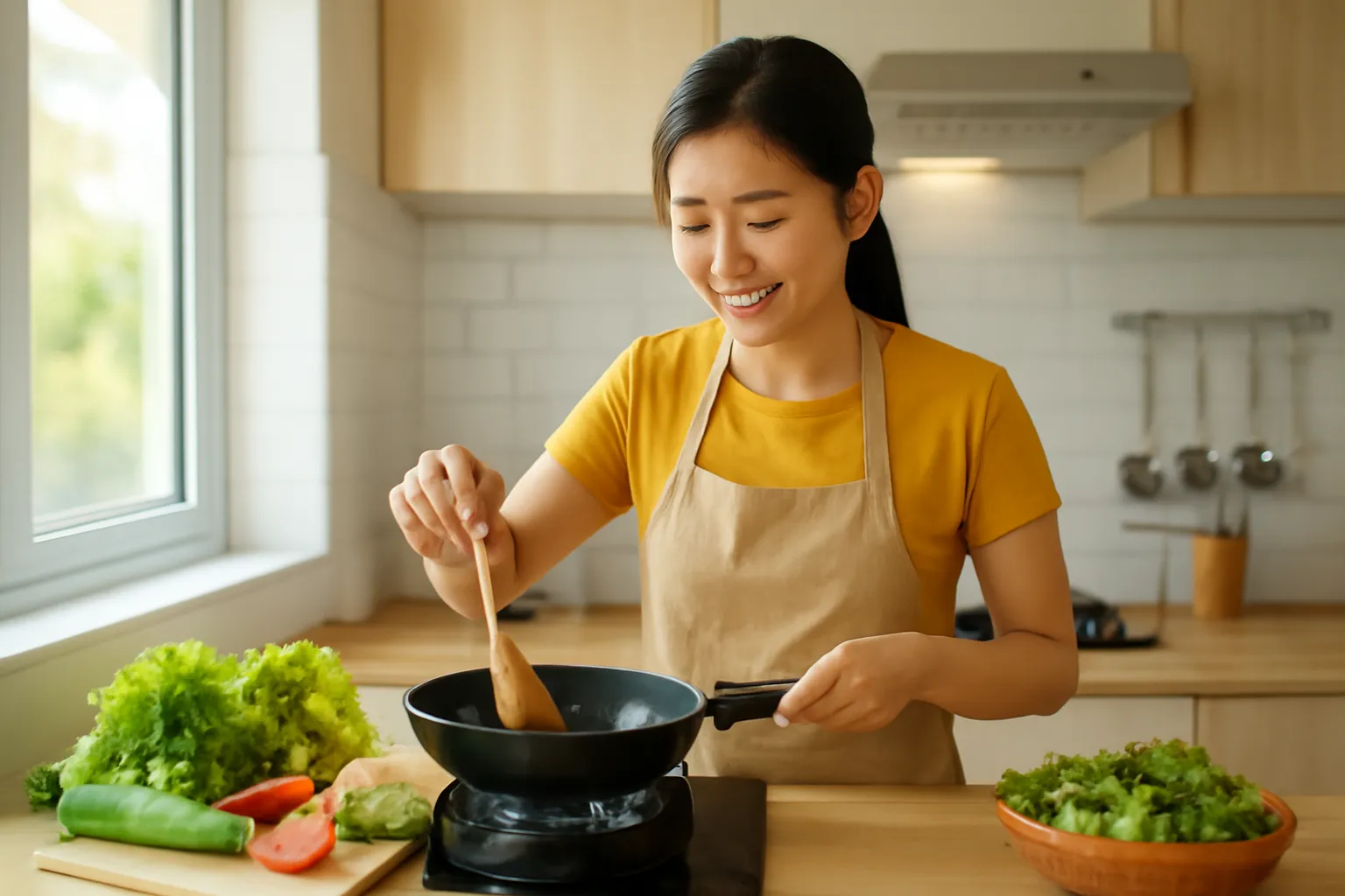 Người trẻ nấu bữa trưa trong căn bếp nhỏ nhà trọ, rau tươi trên thớt