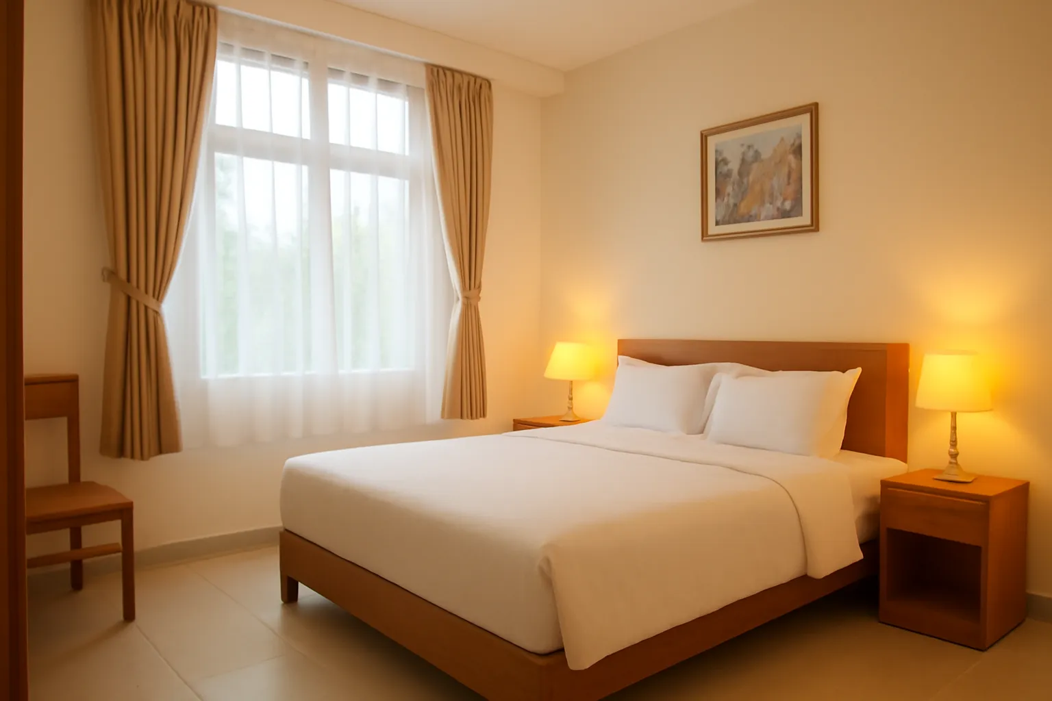 Căn phòng nhà nghỉ nhỏ gọn gàng, rèm khép, đèn ngủ vàng dịu