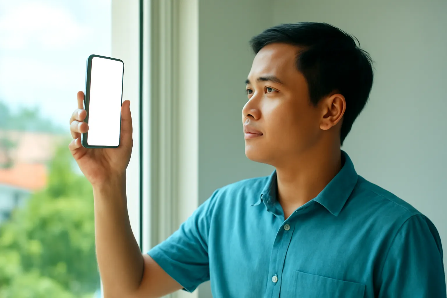 Người đàn ông ngồi bàn gỗ giơ điện thoại tìm sóng cạnh cửa sổ