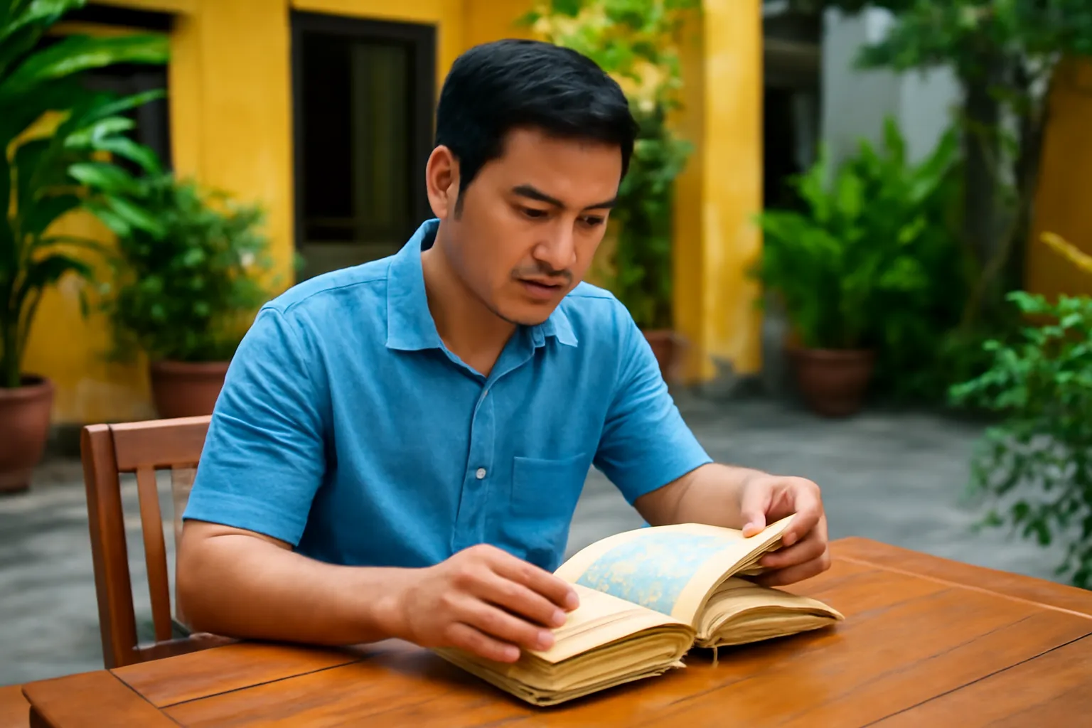 Người đàn ông ngồi bên bàn gỗ trong sân nhà, lật cuốn sổ nhật ký cũ