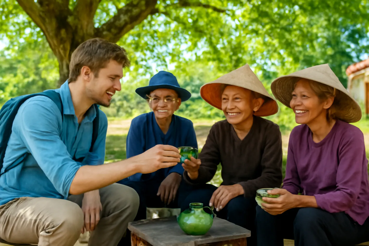 Người khách trẻ cùng các cụ trong xóm ngồi uống trà dưới gốc cây