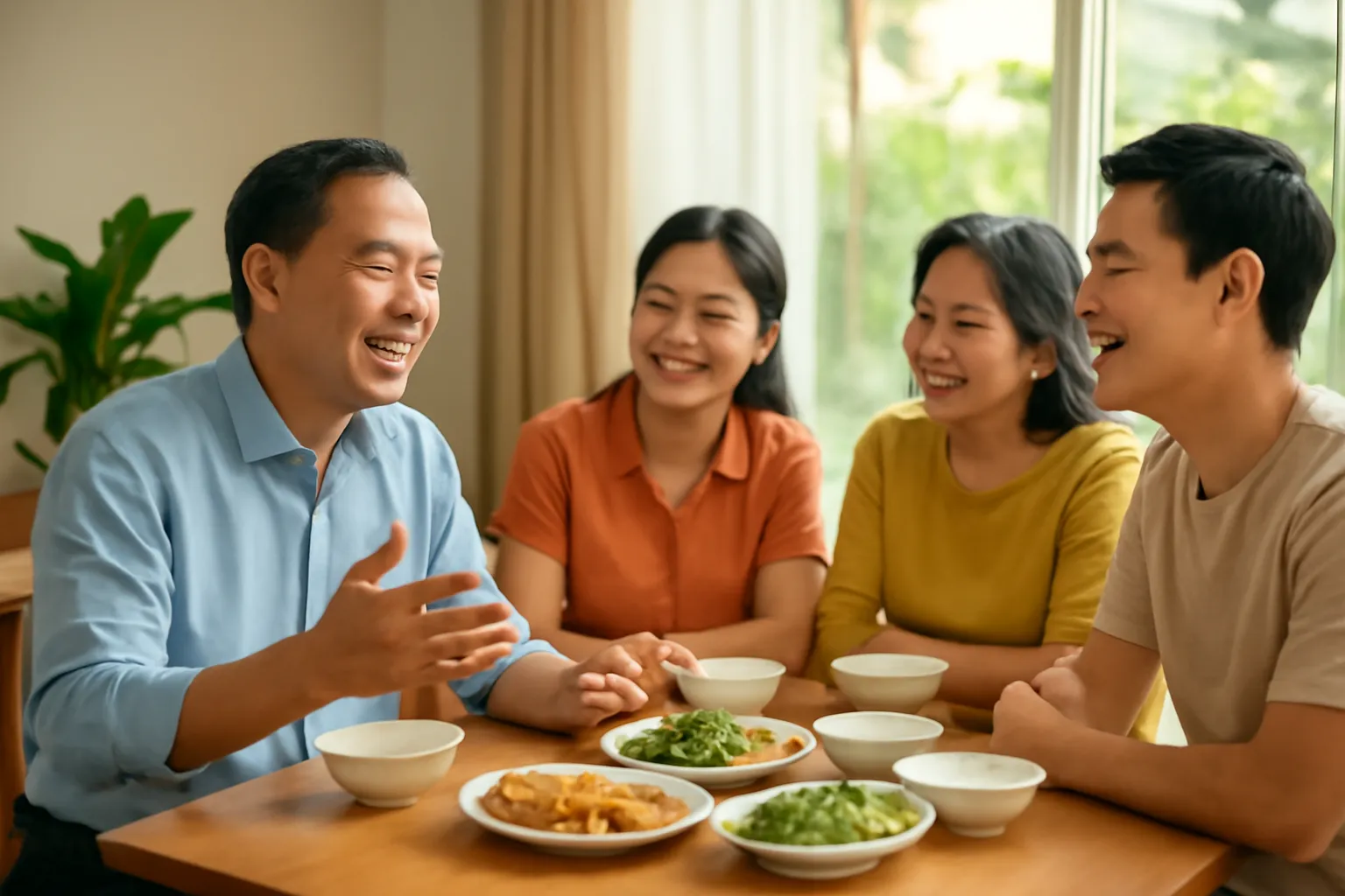 Người đàn ông kể chuyện bên mâm cơm, cả nhà quây quần chăm chú nghe
