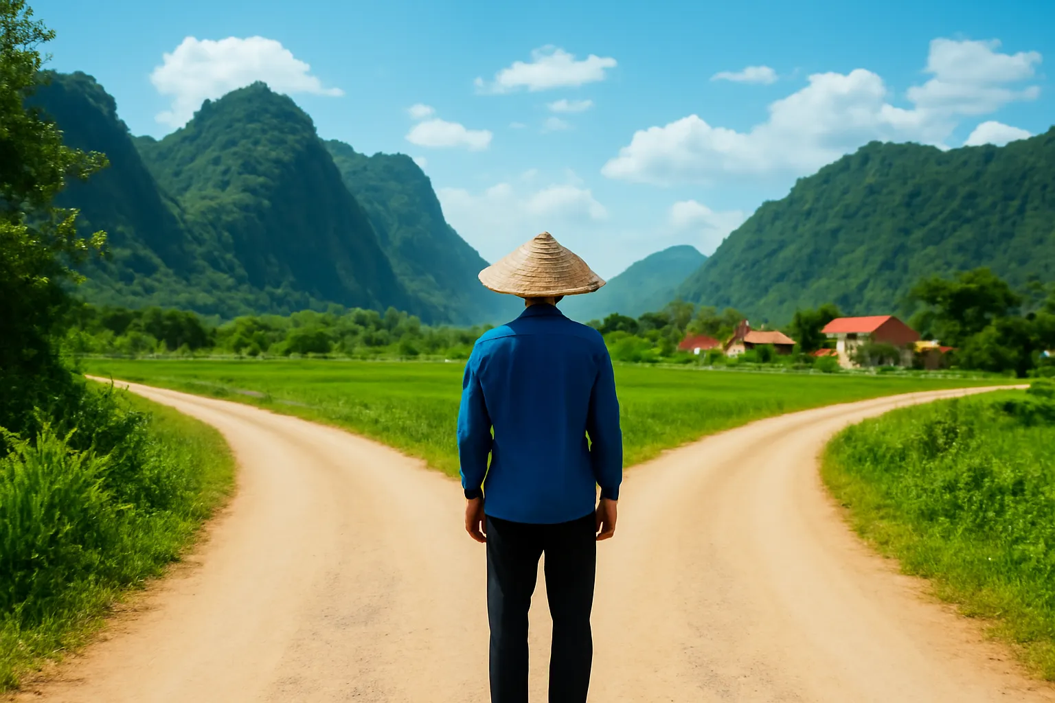 Người đàn ông đứng ở ngã ba đường làng, một ngả dẫn lên núi, một ngả về xóm