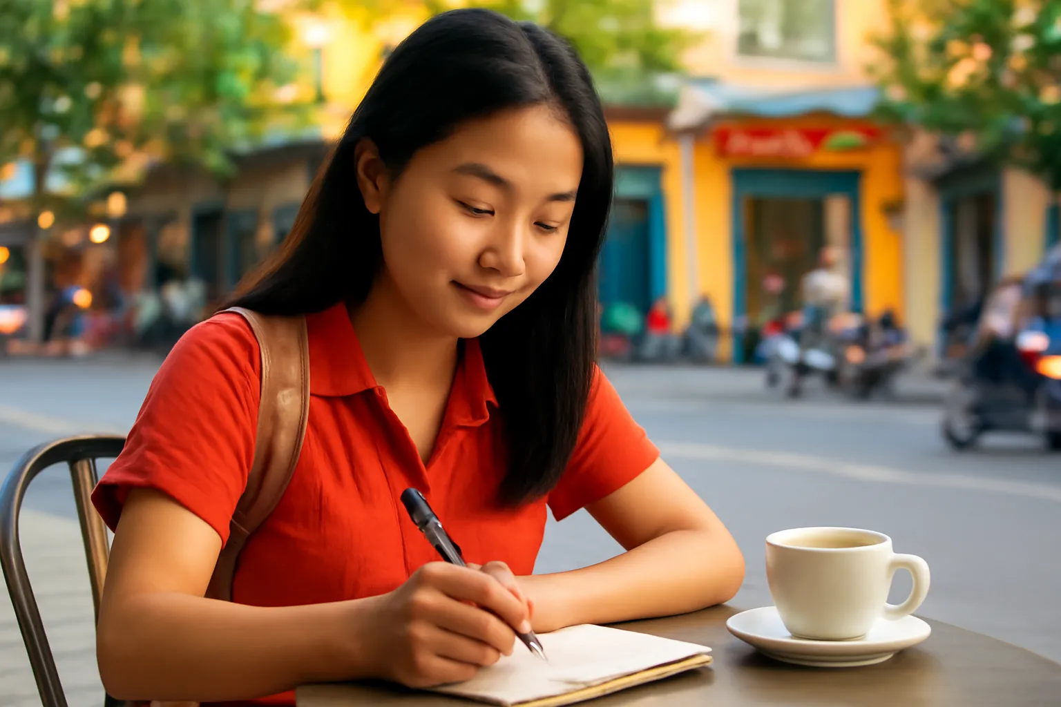 Người trẻ ghi chép vào cuốn sổ nhỏ bên bàn quán cà phê vỉa hè buổi tối