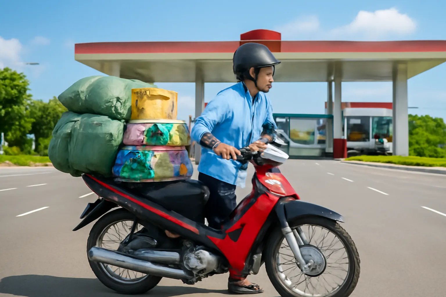 Người đàn ông dắt xe máy chở ba lô qua làn dành cho xe ở khu cửa khẩu