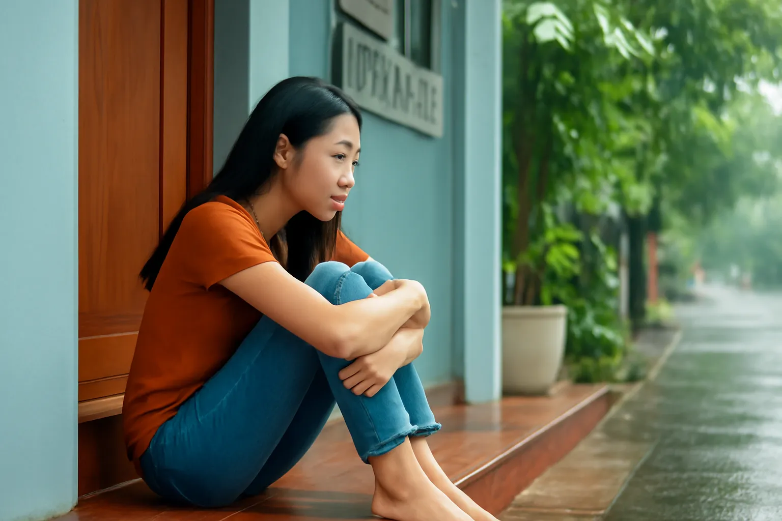 Cô gái ngồi một mình trên bậc thềm nhà nghỉ, ôm gối nhìn mưa