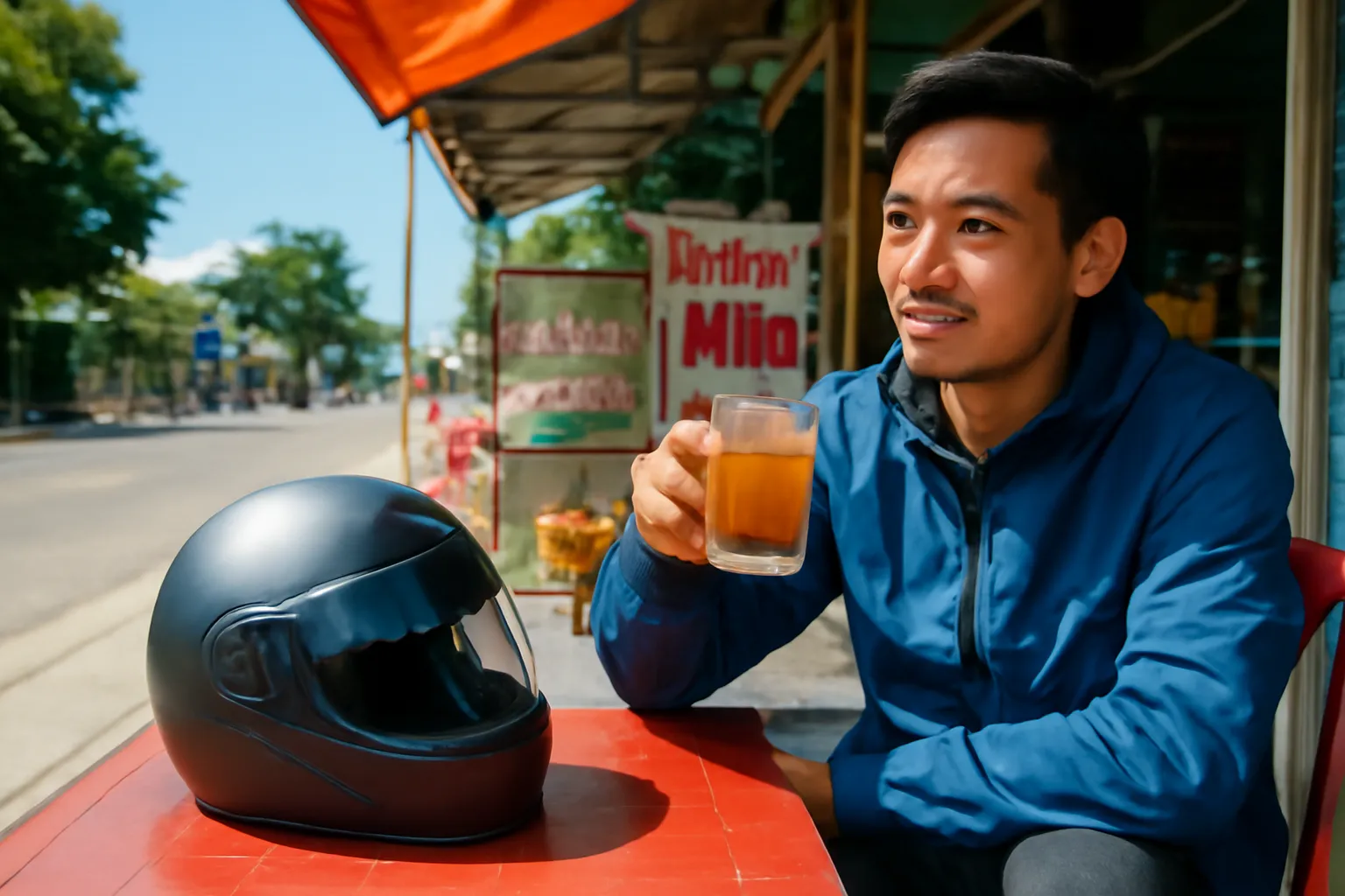 Người đi xe máy nghỉ uống nước ở quán ven quốc lộ buổi trưa