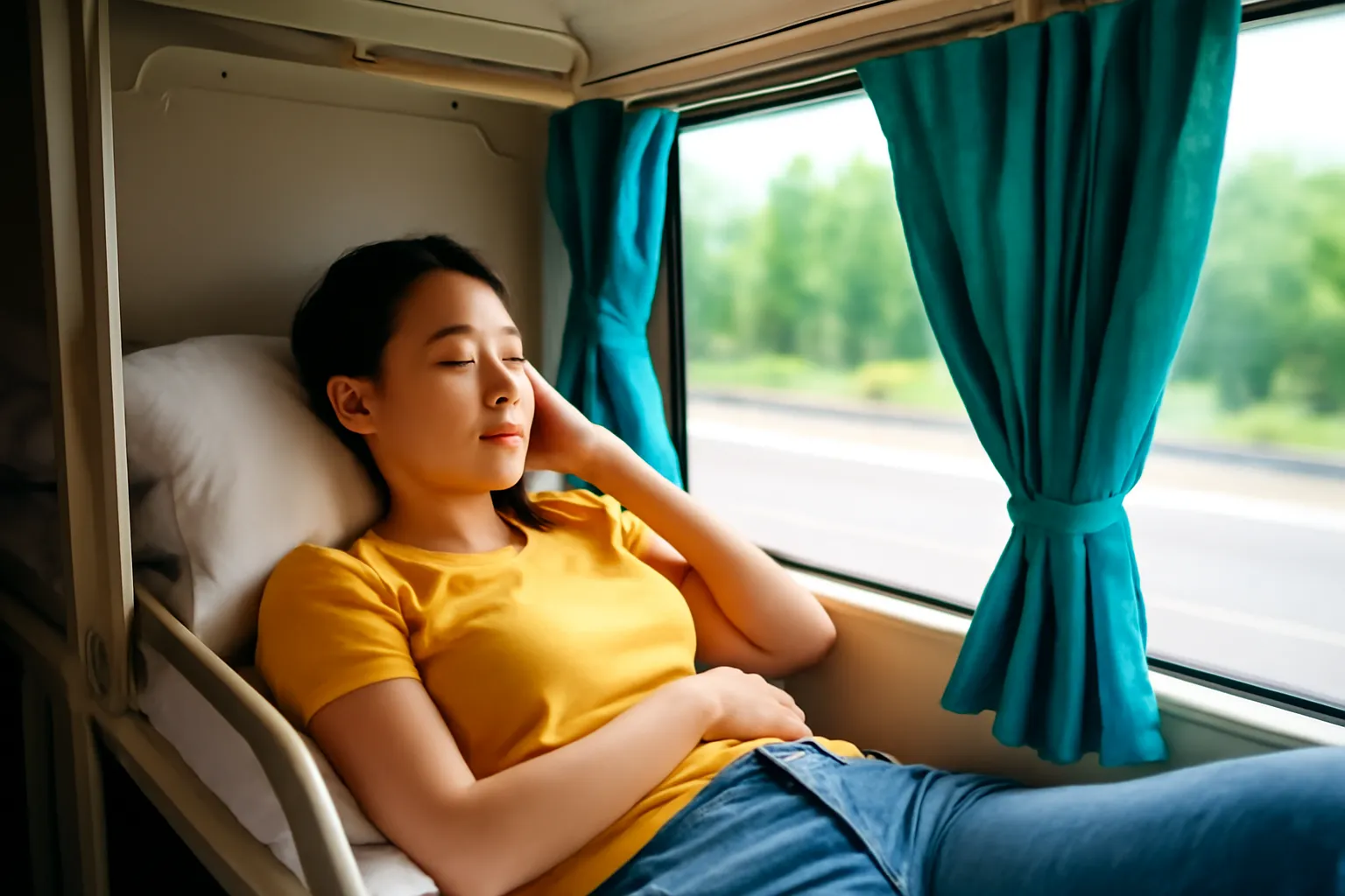 Người trẻ nằm nghỉ trên giường tầng xe khách, rèm cửa khép hờ