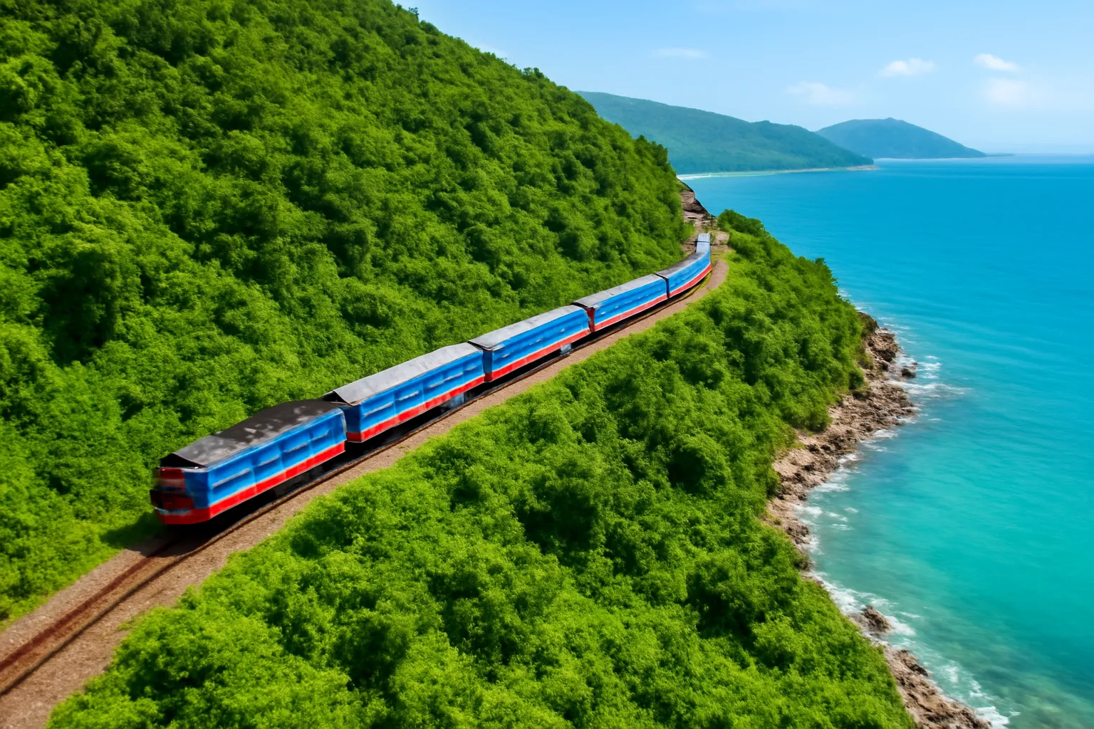 Đoàn tàu chạy men sườn núi xanh, dưới là biển xanh ngắt