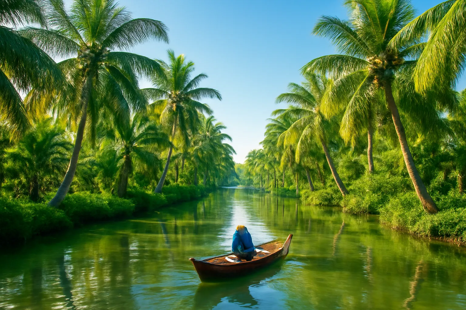 Thuyền nhỏ trên con sông miền Tây buổi sáng, hai bên là vườn dừa