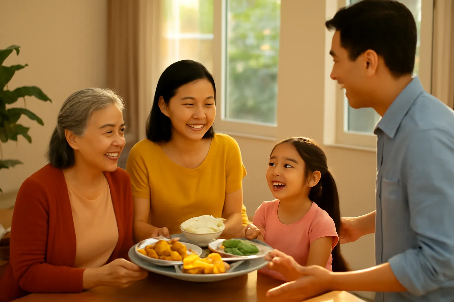 Cả gia đình ba thế hệ quây quần bên mâm cơm tối, người con vừa đi xa về