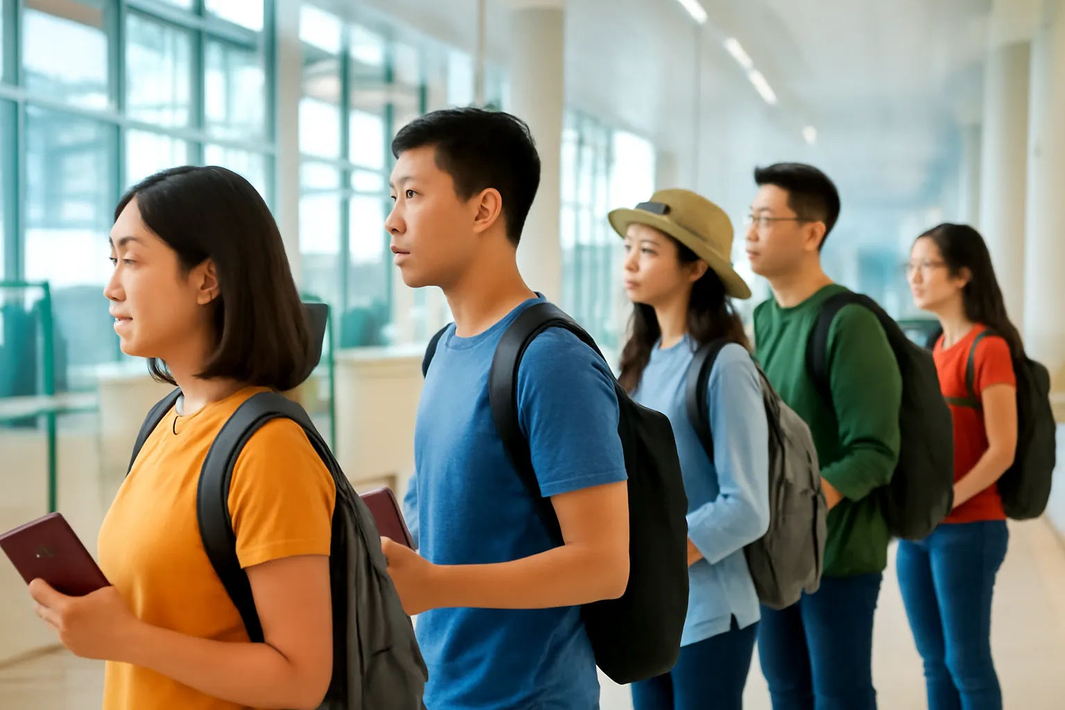 Hành khách xếp hàng trước quầy thủ tục ở nhà cửa khẩu sáng sủa