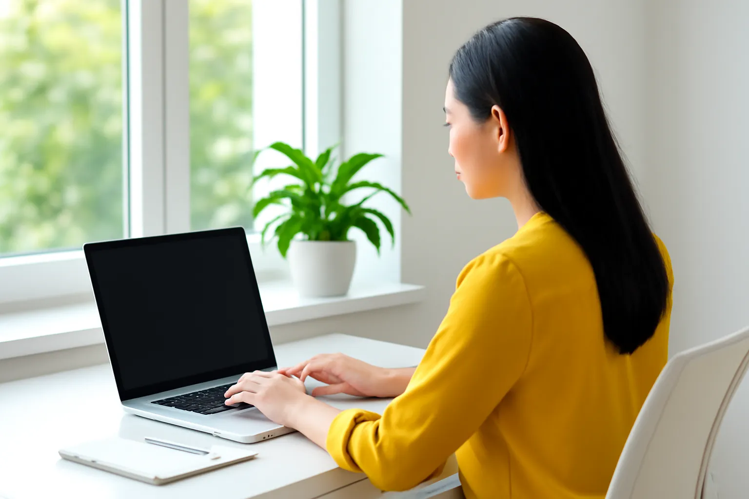 Người phụ nữ ngồi bàn làm việc văn phòng sáng sủa, cây xanh bên cửa sổ