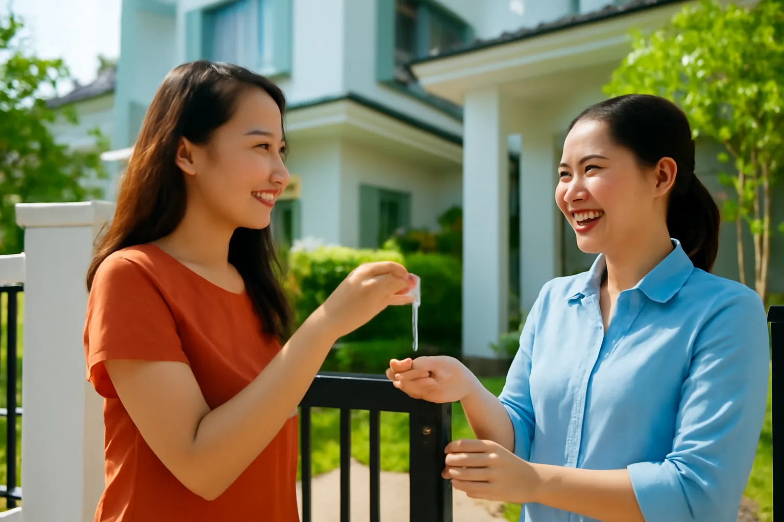 Người phụ nữ trao chùm chìa khoá cho người hàng xóm trước cổng nhà