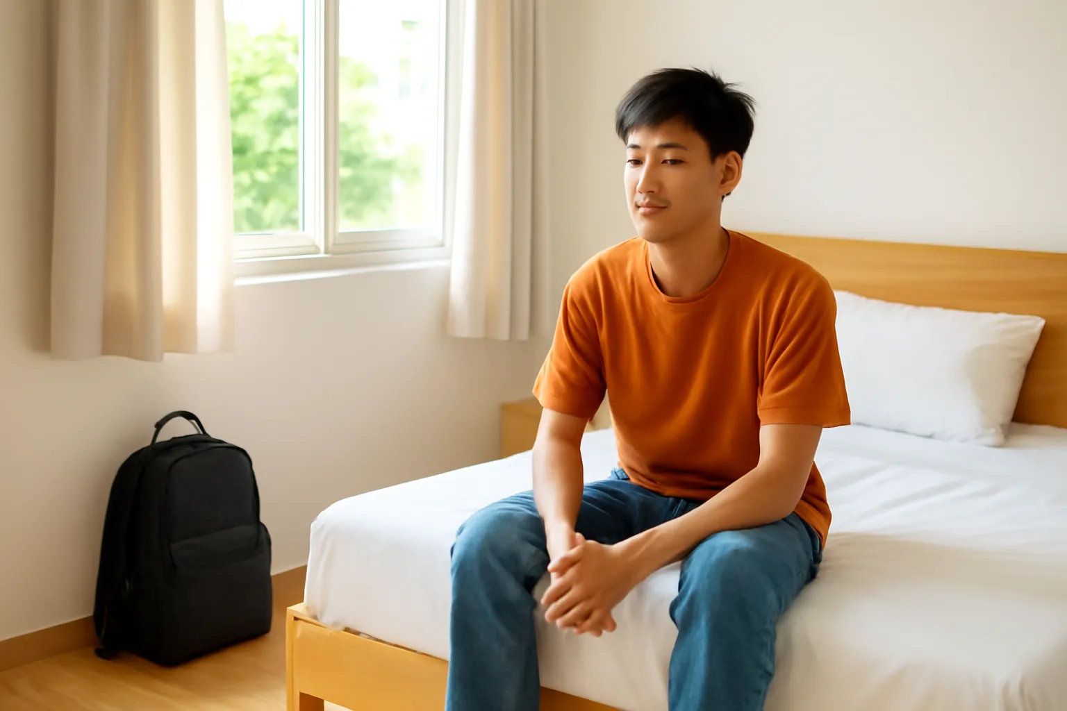 Người trẻ ngồi trên giường trong căn phòng quen, ba lô chưa mở dựng ở góc