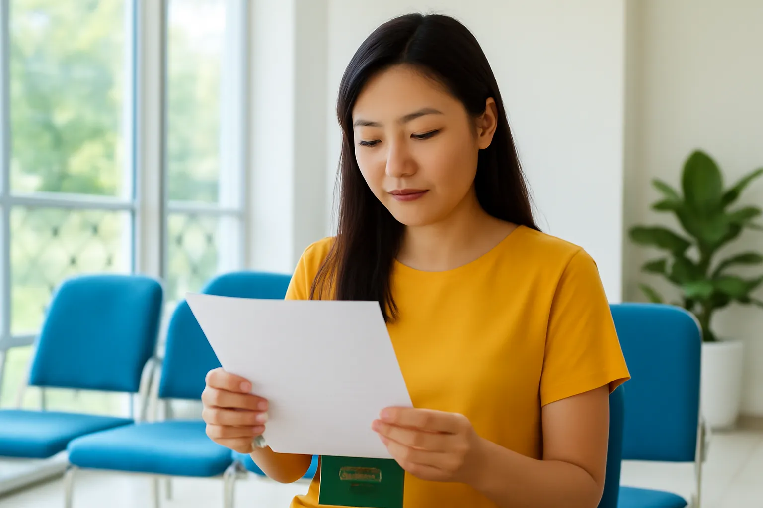 Người phụ nữ ngồi đọc giấy tờ trong phòng chờ, hộ chiếu đặt trên đùi