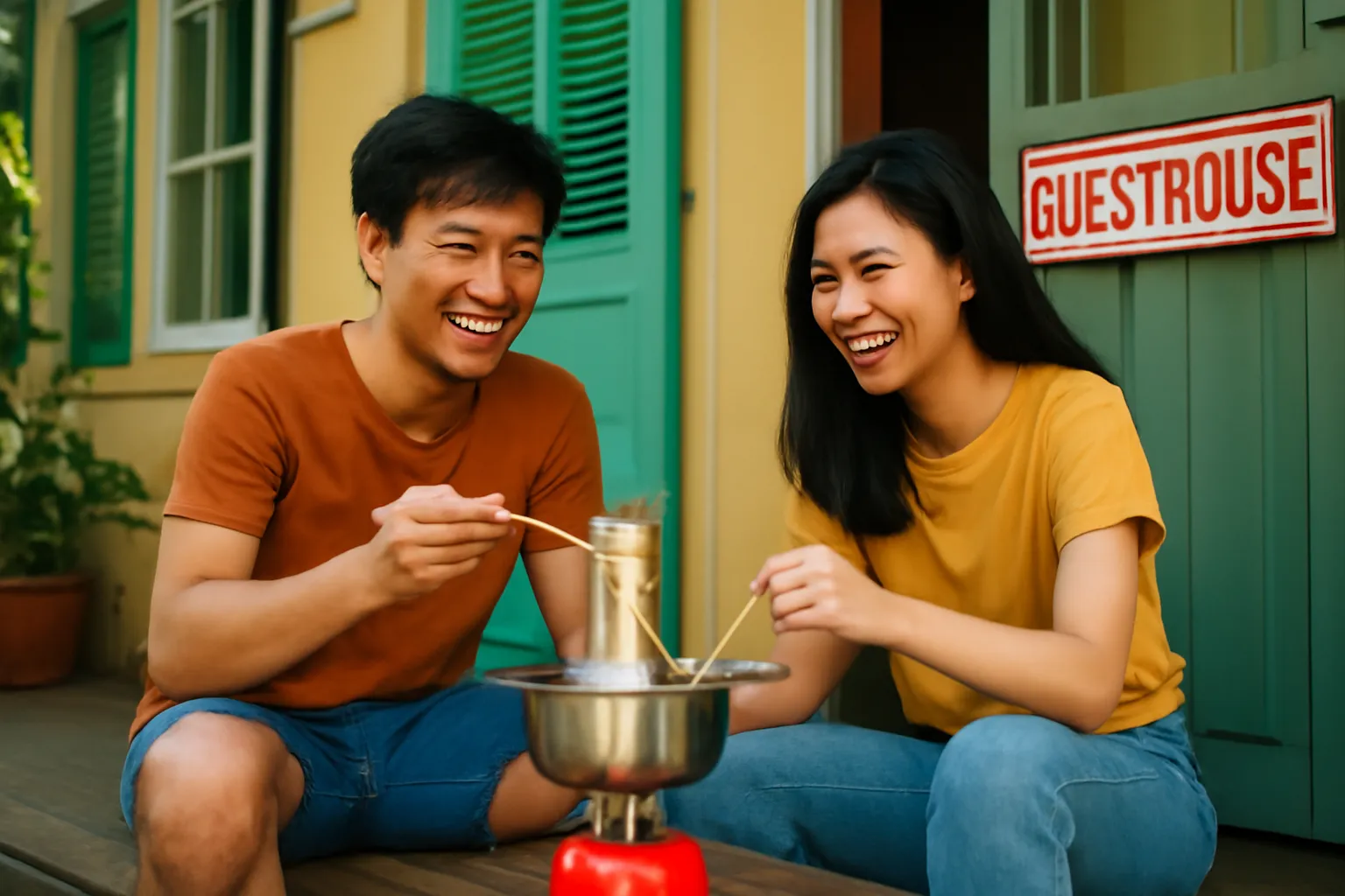 Hai người bạn nấu mì trên bếp ga nhỏ ở hiên nhà nghỉ, cười nói