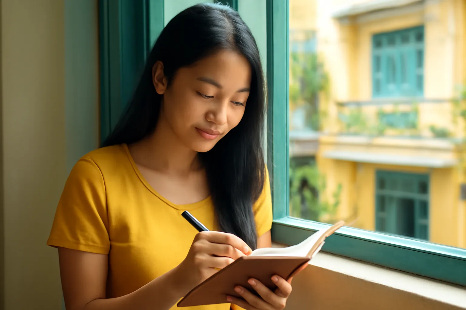 Cô gái ngồi bên cửa sổ nhà nghỉ viết vào cuốn sổ bìa da, đèn bàn sáng