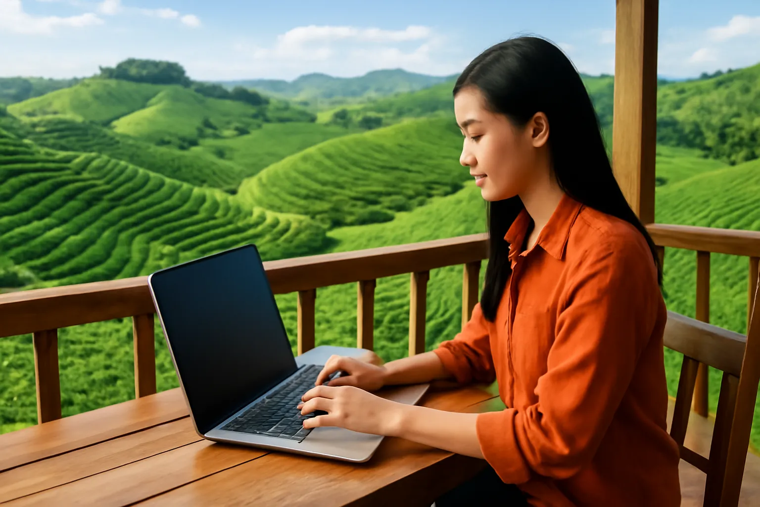 Người phụ nữ làm việc trên máy tính xách tay ở hiên nhà gỗ nhìn ra đồi chè