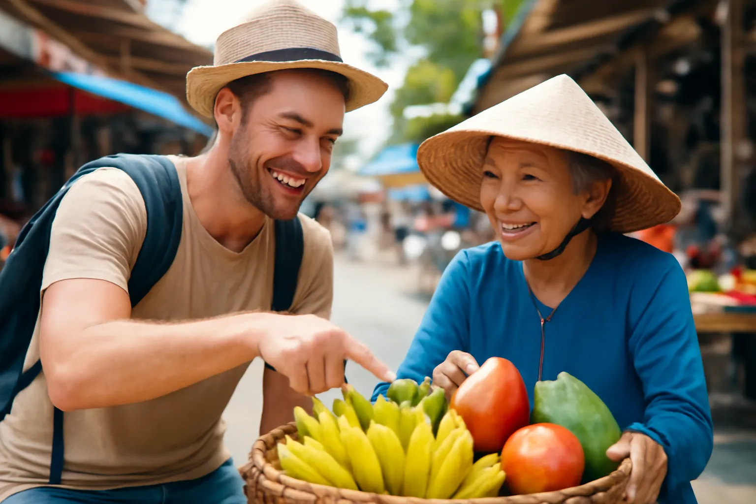 Người khách và bà bán hàng cùng cười, chỉ tay vào giỏ trái cây ở chợ