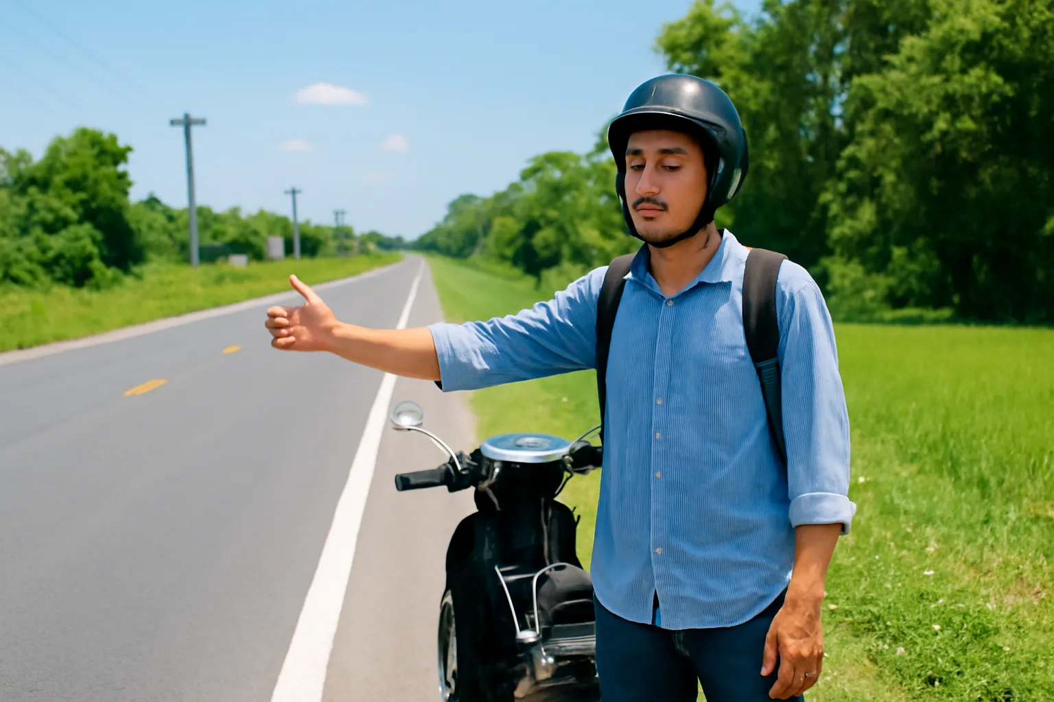 Người đàn ông đứng cạnh xe máy dựng ven đường làng vắng, nhìn về xa