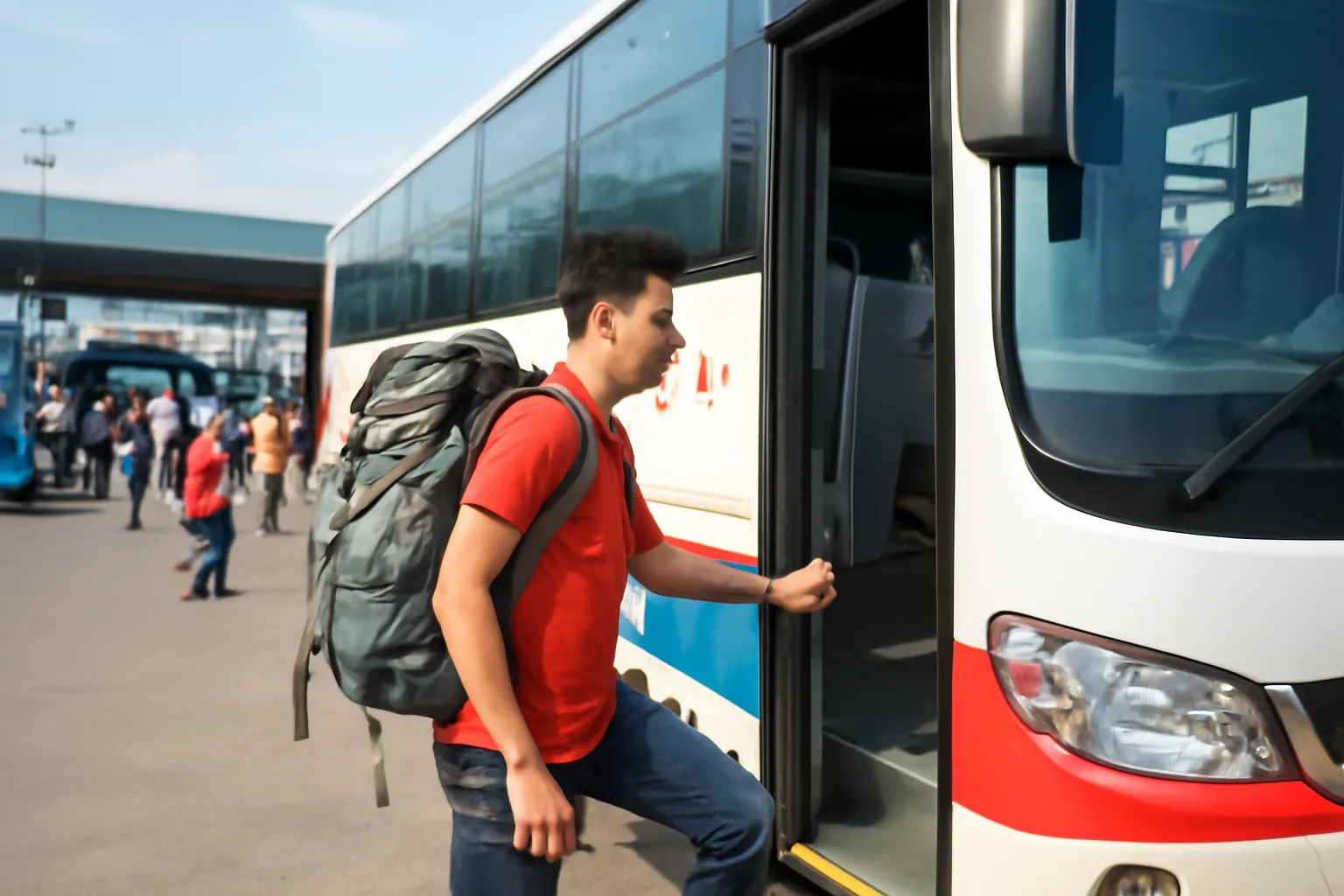 Hành khách đeo ba lô bước lên xe khách ở bến xe buổi sáng